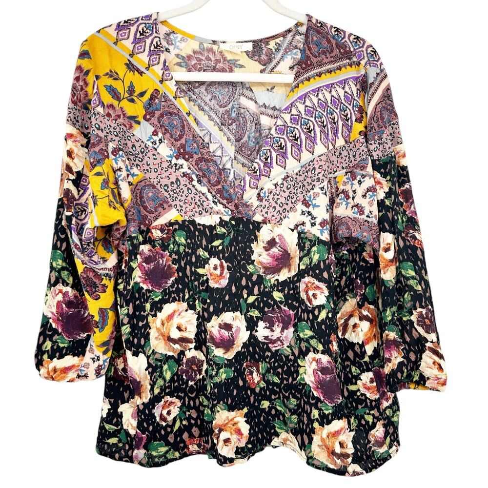 Oddy Womens Boho Peasant Artsy Mixed Floral Long Sleeve Peplum Top Blouse Size S
